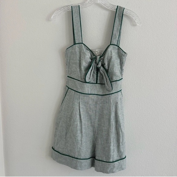 Caroline Constas Pants - Caroline Constas Green-Trim Striped Cotton Romper